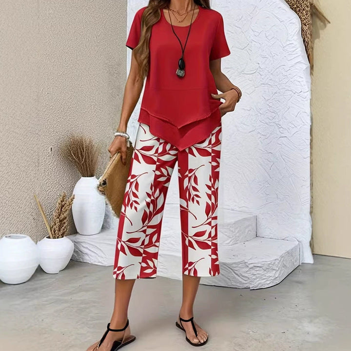Traje de verano fluido con estampado abstracto, dos piezas cómodas para mujer.