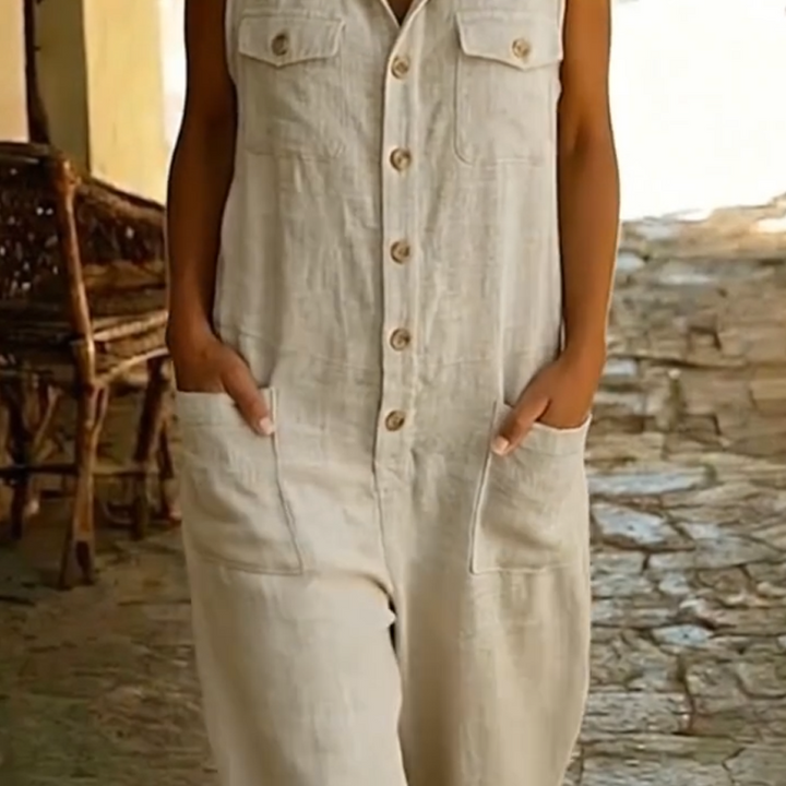 Mono sin mangas de lino para mujer, con detalles de botones y funcionales bolsillos. Fresco y chic.