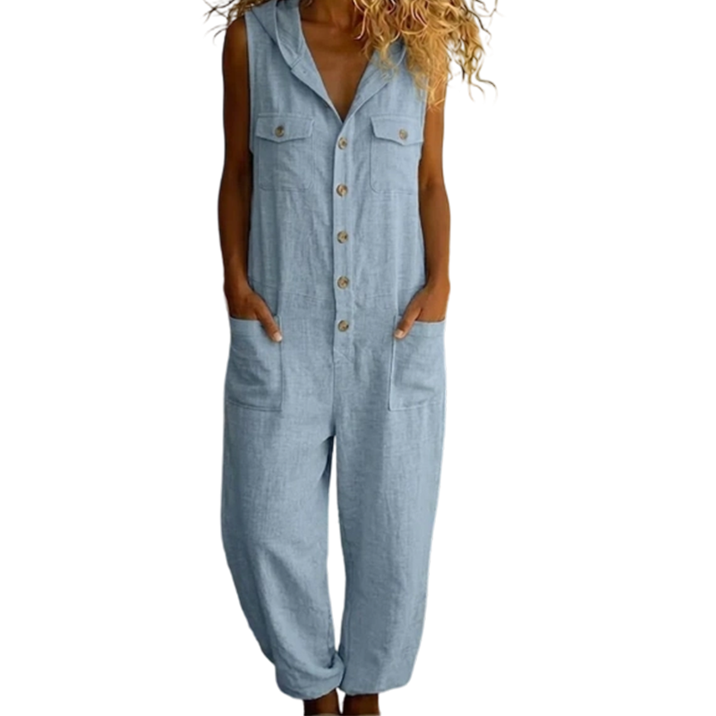 Mono de lino sin mangas para mujer, con botones y bolsillos. Versátil, casual y fresco para el verano.