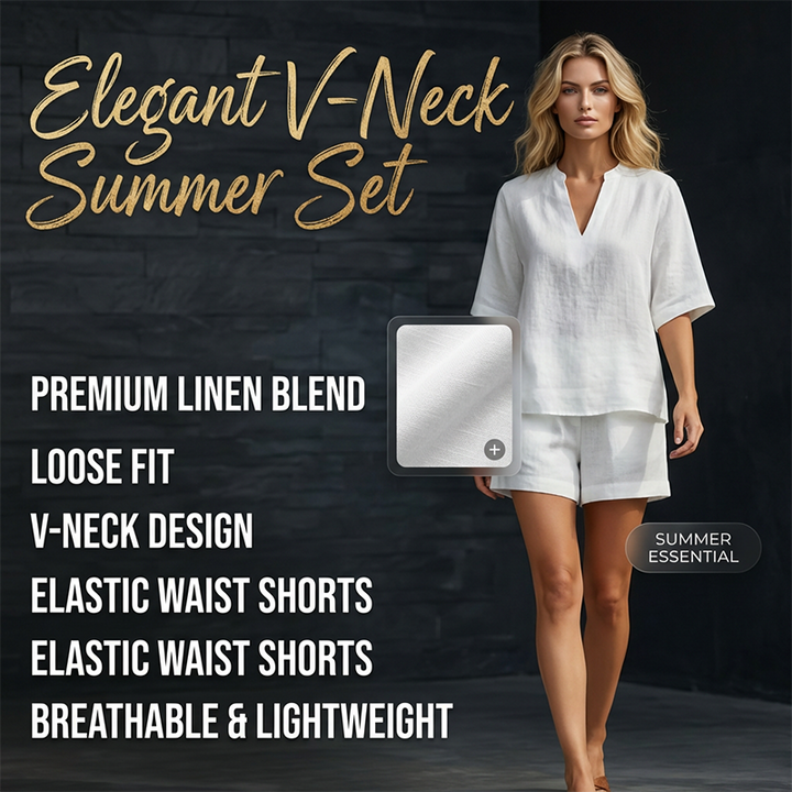 Mujer luciendo conjunto de verano: blusa cuello V y shorts elegantes. Ideal para un día soleado o playa.