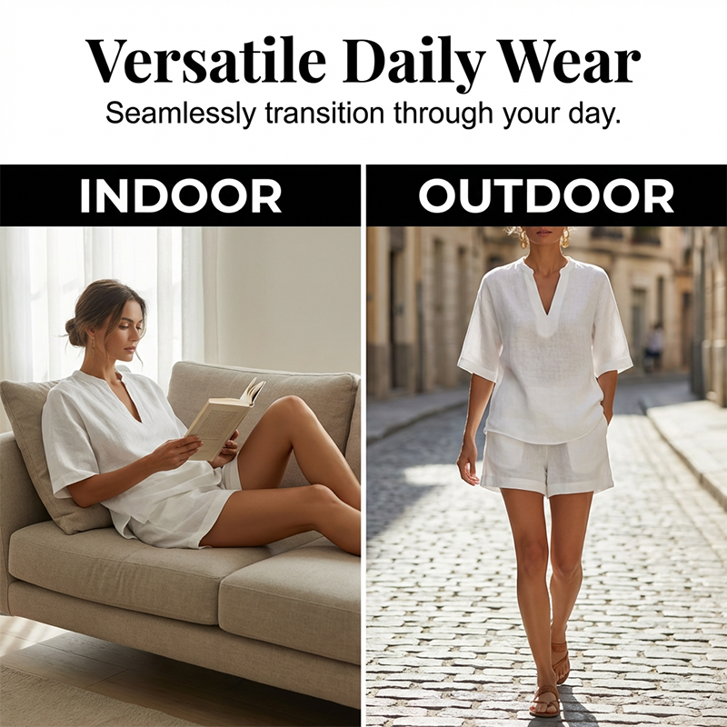 Conjunto de verano moderno: blusa cuello V y shorts elegantes. Ideal para un look fresco y cómodo de mujer.