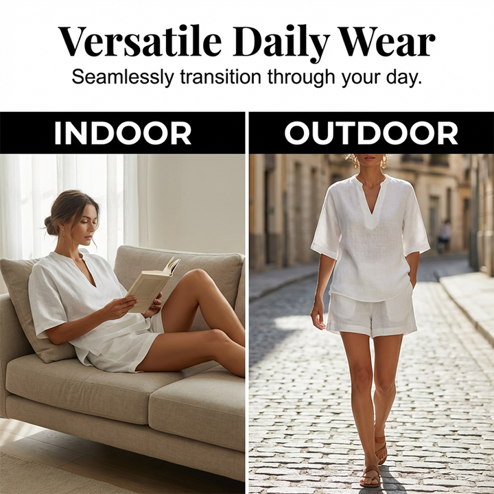 Conjunto de verano moderno: blusa cuello V y shorts elegantes. Ideal para un look fresco y cómodo de mujer.