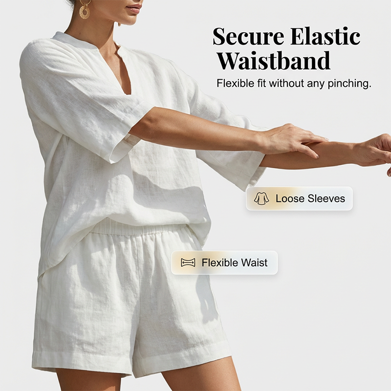 Moda de verano femenina: conjunto de blusa cuello V y shorts elegantes. Ideal para vacaciones y playa.