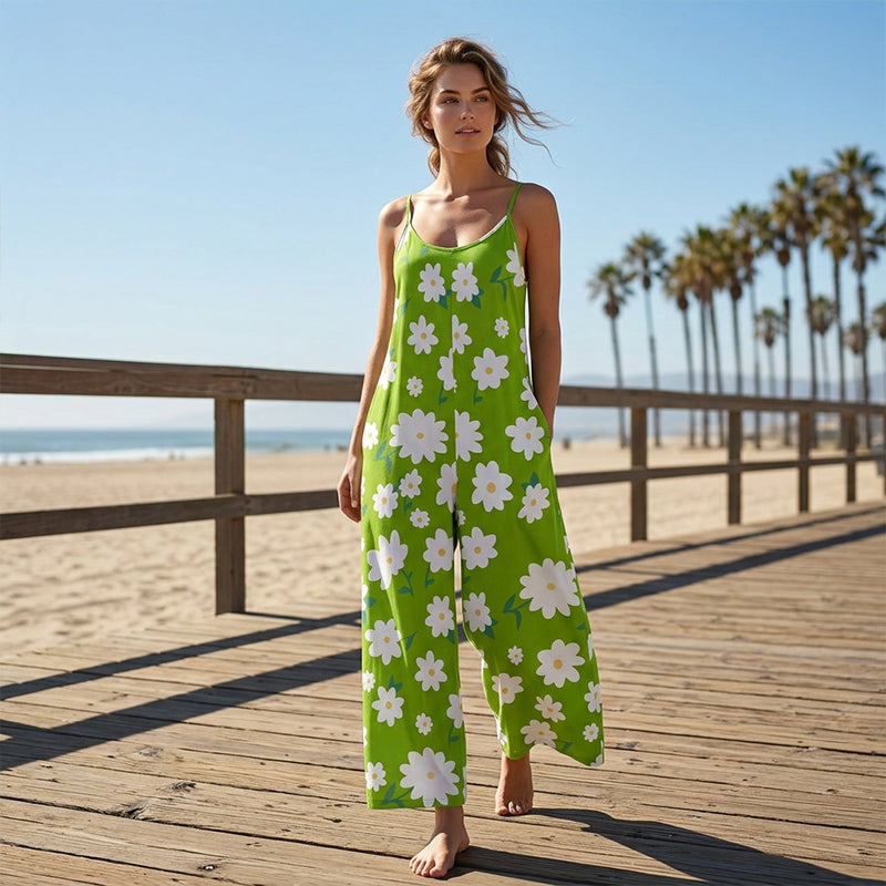 Mono floral de mujer con tirantes finos para verano, estilo ancho y cómodo, perfecto para la playa.