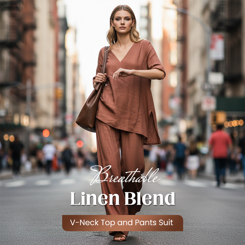 Conjunto de lino y algodón cómodo y fresco para mujer, pantalón ancho para un look relajado.