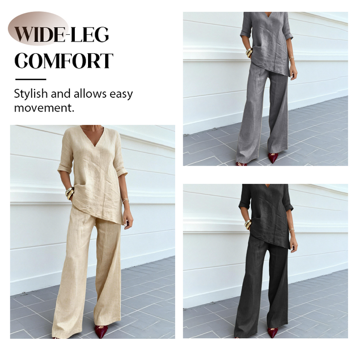 Conjunto elegante casual de lino y algodón, pantalón ancho de cintura alta, ideal para paseos.