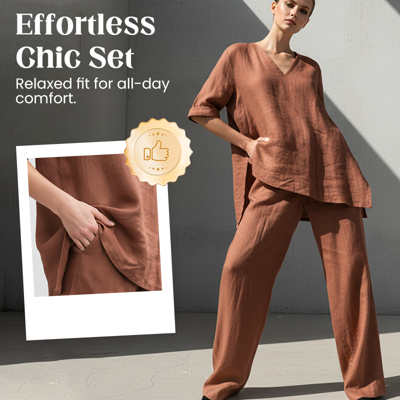 Ropa de verano femenina: conjunto de lino y algodón, pantalón ancho holgado, color neutro.