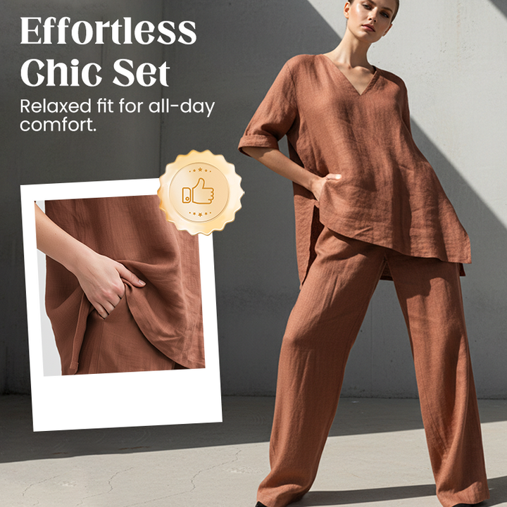 Ropa de verano femenina: conjunto de lino y algodón, pantalón ancho holgado, color neutro.