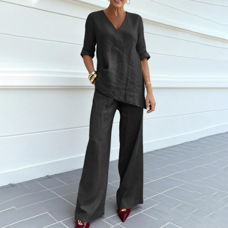 Moda femenina: conjunto de lino y algodón color crema, cómodo y fresco para el verano.