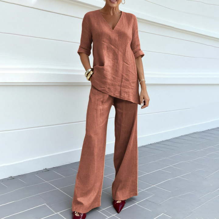 Atuendo de dos piezas de lino y algodón, pantalón ancho y blusa suelta, moda cómoda.