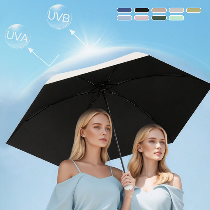 Paraguas UPF50+ para alta protección UV solar, compacto, resistente al viento y lluvia; ideal para viaje.