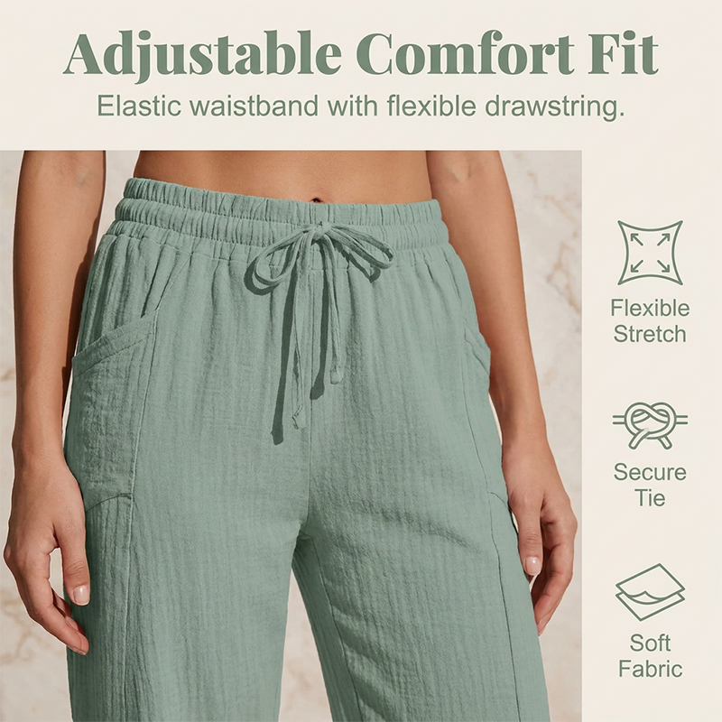 Pantalón cropped de lino y algodón con cordón ajustable, ofrece confort y libertad de movimiento a la mujer.