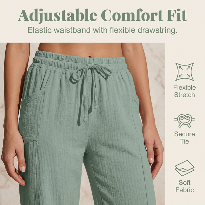 Pantalón cropped de lino y algodón con cordón ajustable, ofrece confort y libertad de movimiento a la mujer.