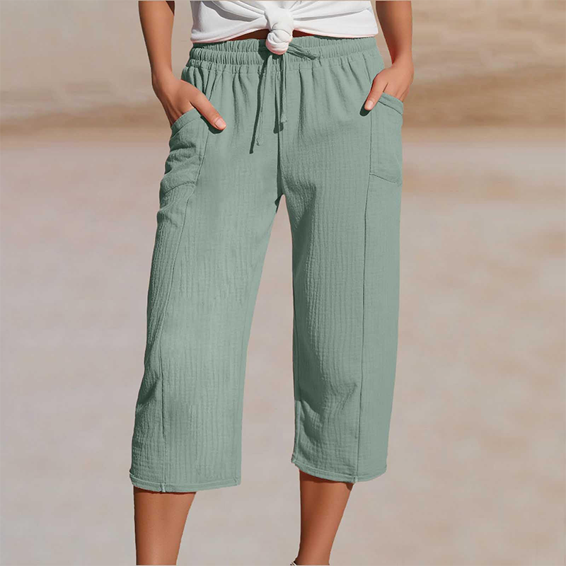 Pantalón cropped de lino y algodón para mujer, ajuste cómodo, pierna ancha y transpirable para verano.