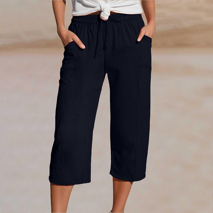 Pantalón cropped ajustable de mujer, mezcla de lino y algodón, fresco y casual para el verano.