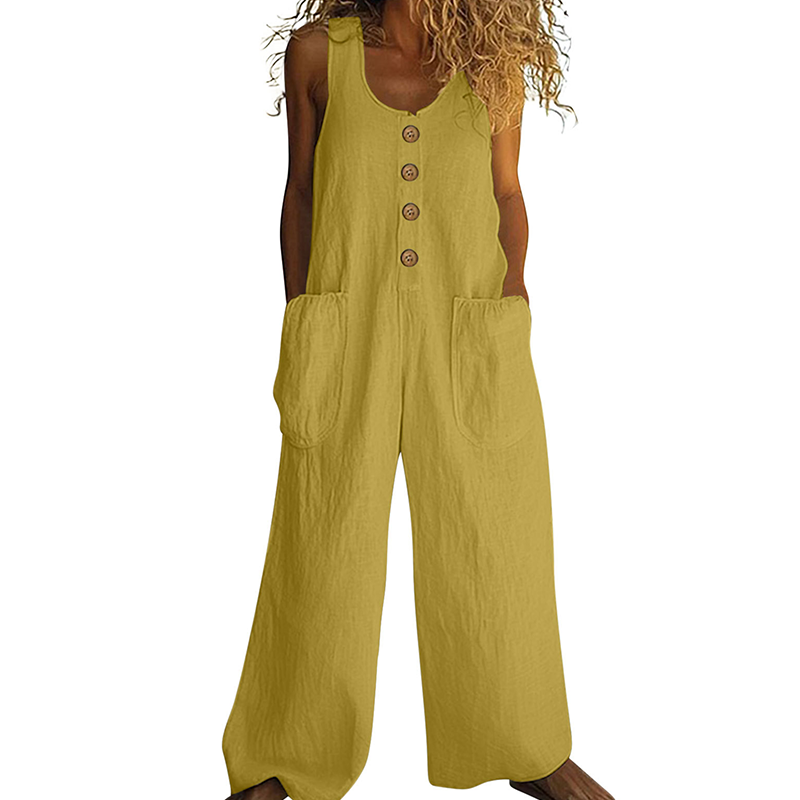 Mono de mujer para verano, estilo relajado, pierna ancha y cierre de botones, muy femenino.