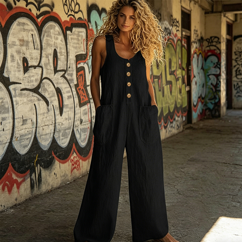 Outfit de verano: mono fresco de mujer con botones, pierna ancha, para uso diario y ocasiones.