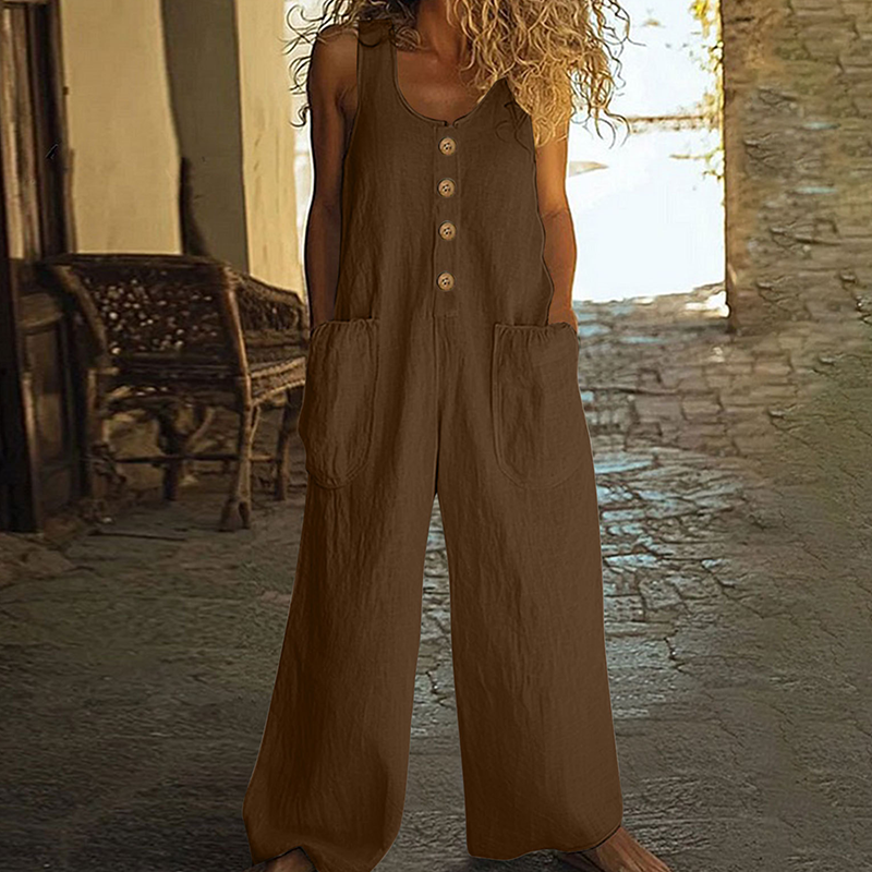 Ropa de mujer: mono de verano con botones y diseño de pierna ancha, muy cómodo y chic.