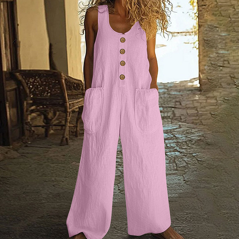 Outfit veraniego: mono casual de mujer con botones, pierna ancha, para un look fresco.