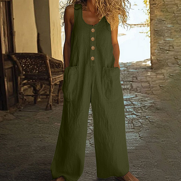 Mono de mujer con botones, pierna ancha, perfecto para un estilo relajado de verano.