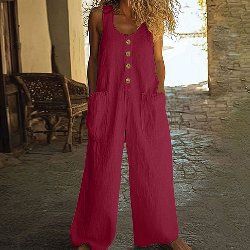 Mono de moda veraniega, mujer, pierna ancha, botones para un estilo fresco y moderno.