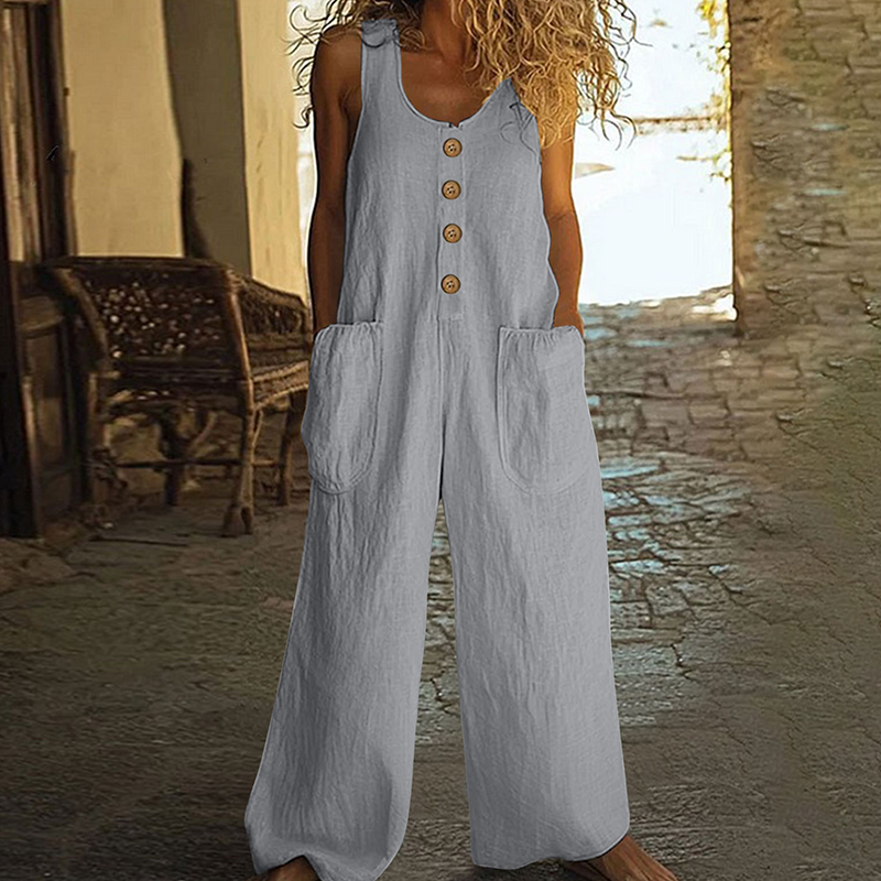 Prenda de verano: mono casual para mujer con detalle de botones y pierna ancha, muy versátil.