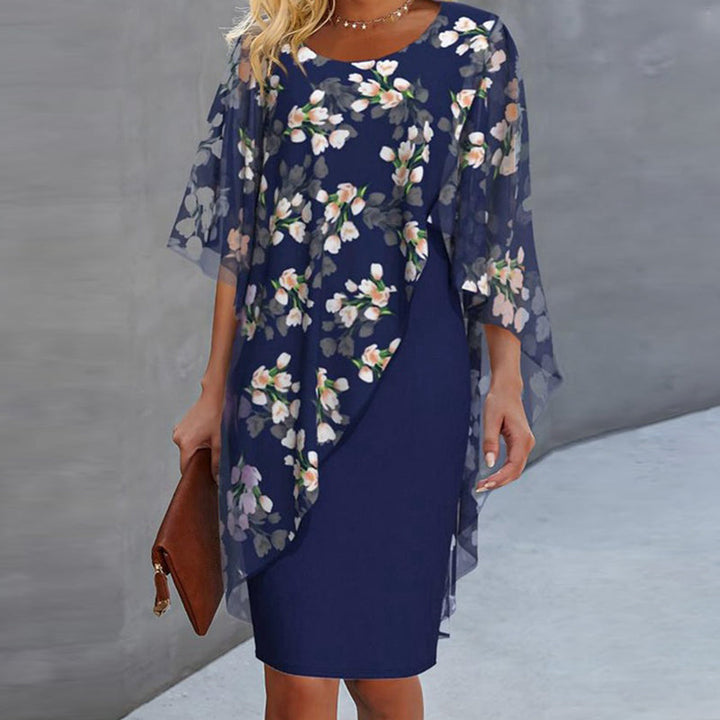 Vestido de mujer con sobrecapa de gasa con estampado floral, conjunto elegante para ocasiones especiales.