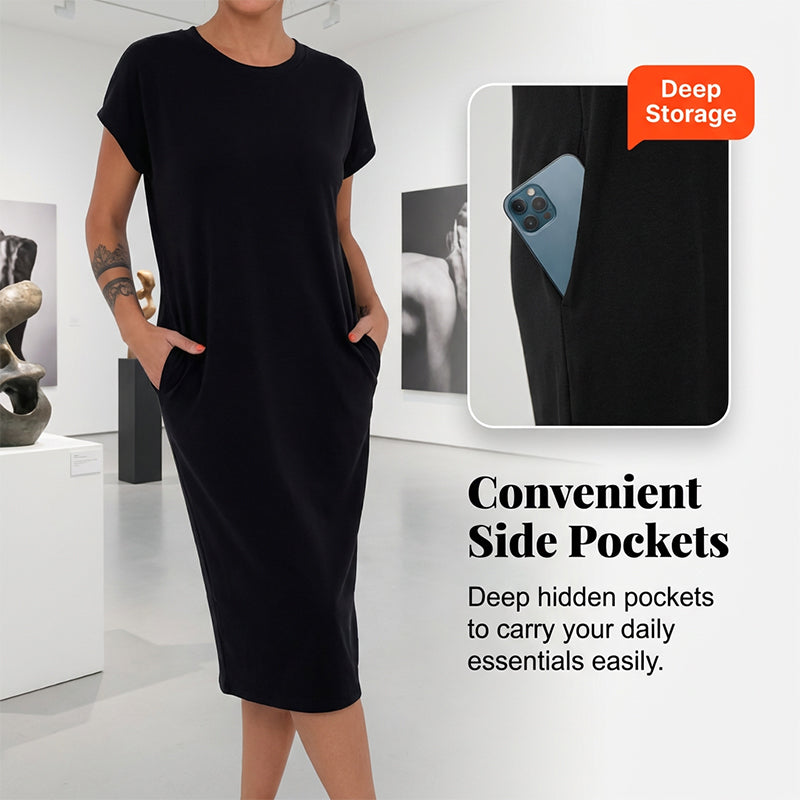 Vestido casual midi de verano para mujer, corte relajado y elegante, con bolsillos funcionales.