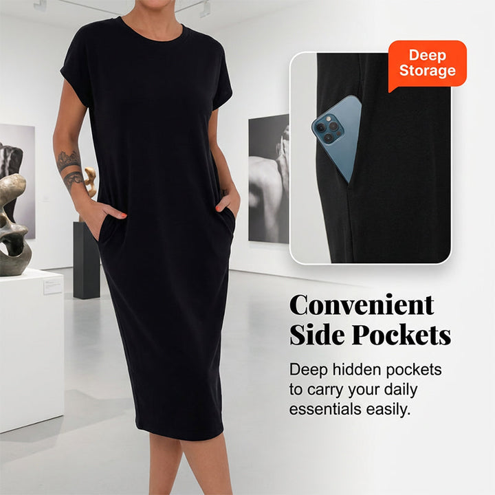 Vestido casual midi de verano para mujer, corte relajado y elegante, con bolsillos funcionales.