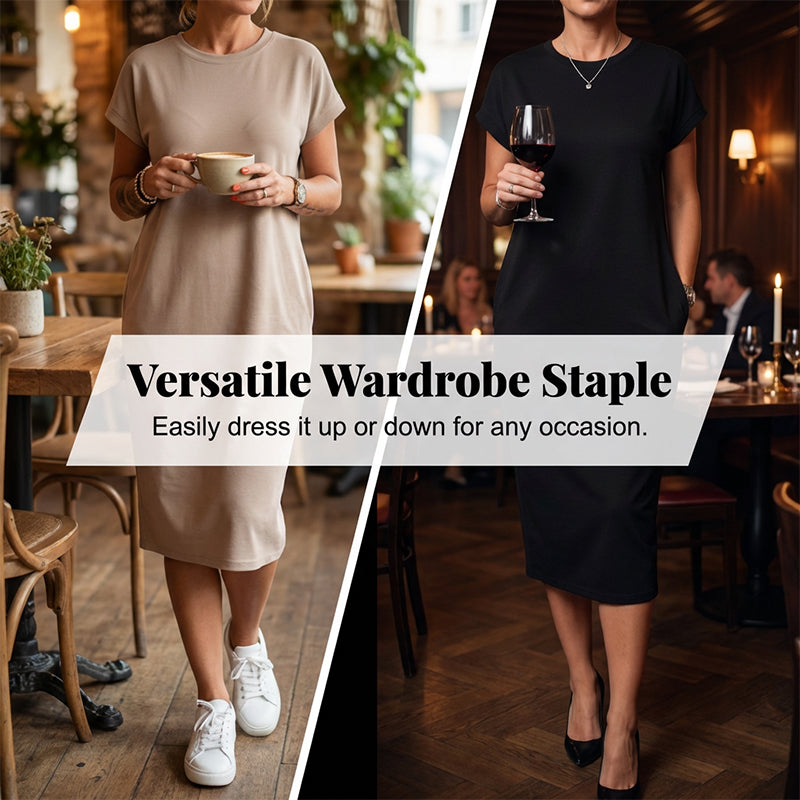 Espalda de vestido midi casual de mujer, diseño relajado y cómodo, con bolsillos. Estilo verano.