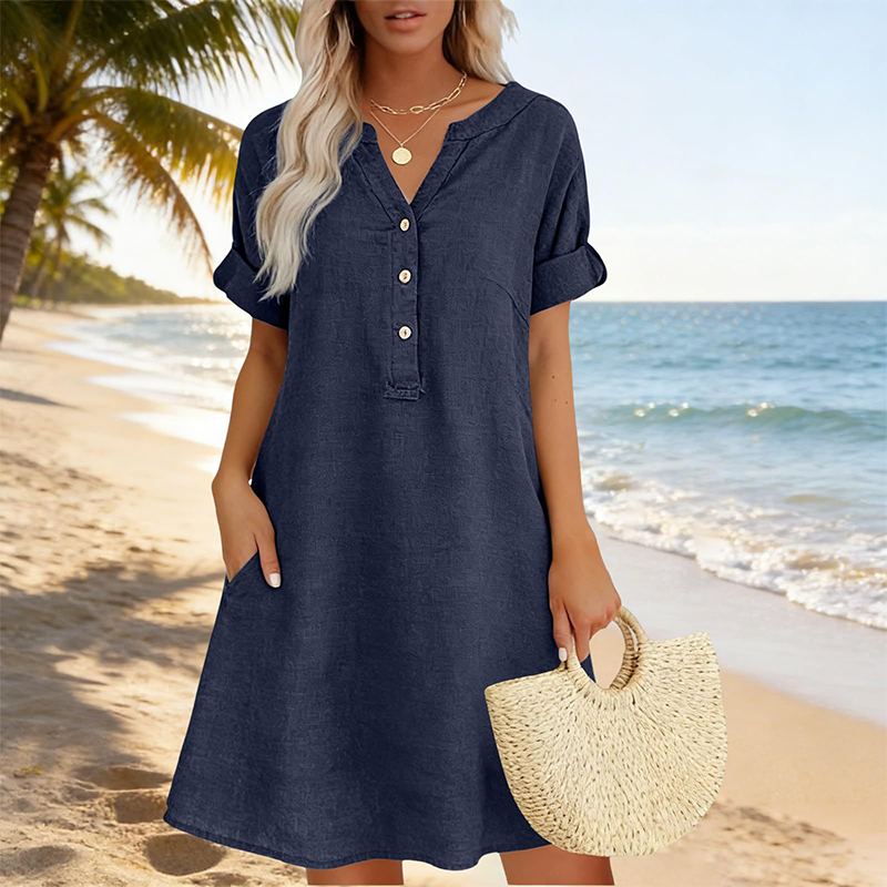 Vestido de mujer, estilo túnica de algodón, cuello V y bolsillos laterales. Versátil para el verano.