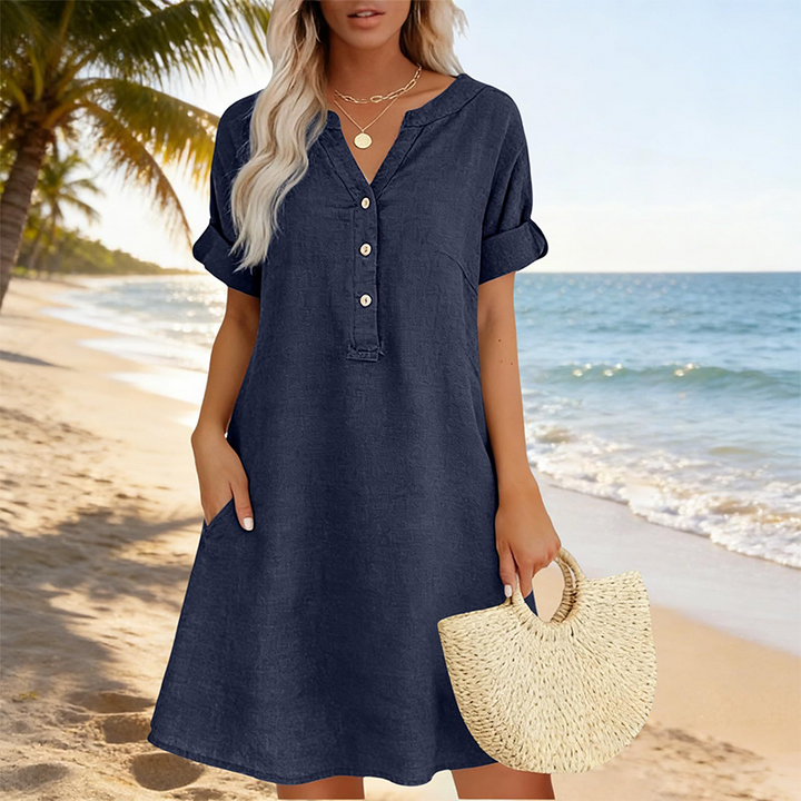 Vestido de mujer, estilo túnica de algodón, cuello V y bolsillos laterales. Versátil para el verano.