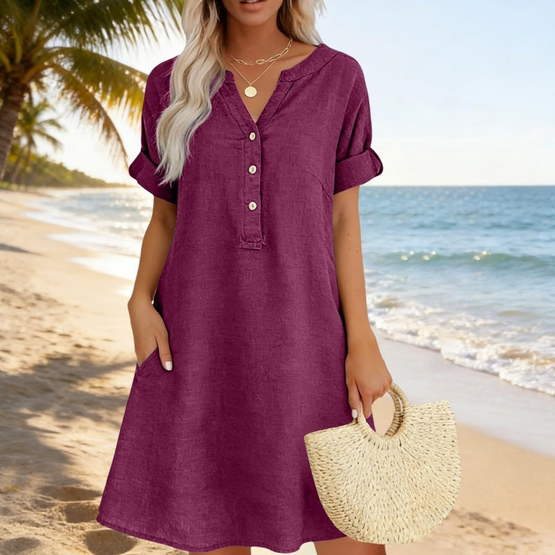 Moda de verano: vestido holgado de algodón para mujer, cuello V y bolsillos. Versátil y cómoda túnica.