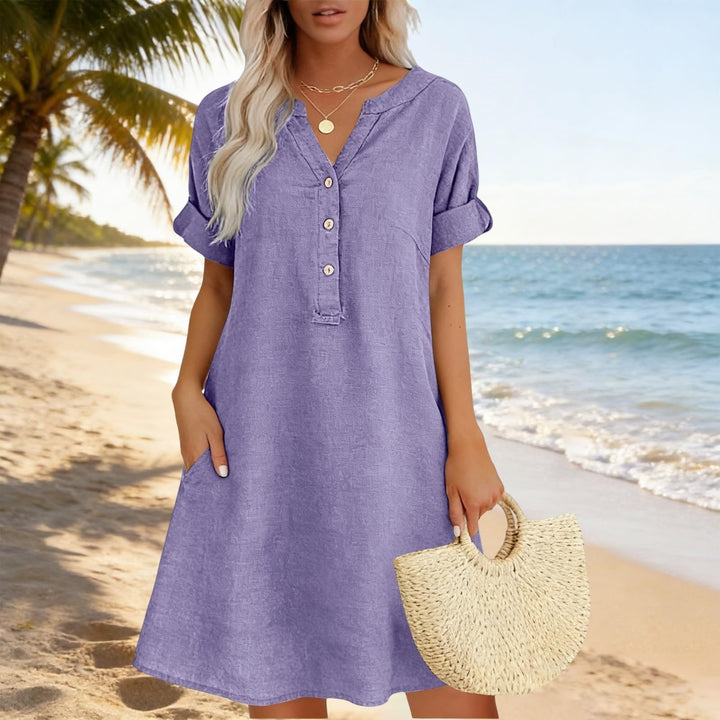 Túnica de algodón para damas, estilo casual, cuello V. Con bolsillos, ideal para un confort moderno.
