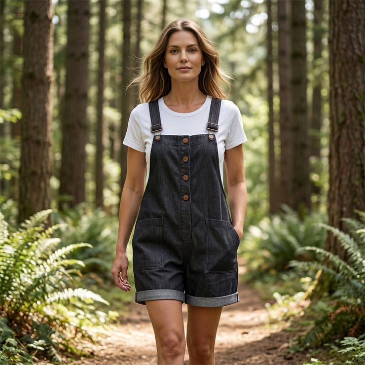 Ropa de verano para mujer: Peto corto retro con tirantes ajustables y bolsillos prácticos. Estilo casual.