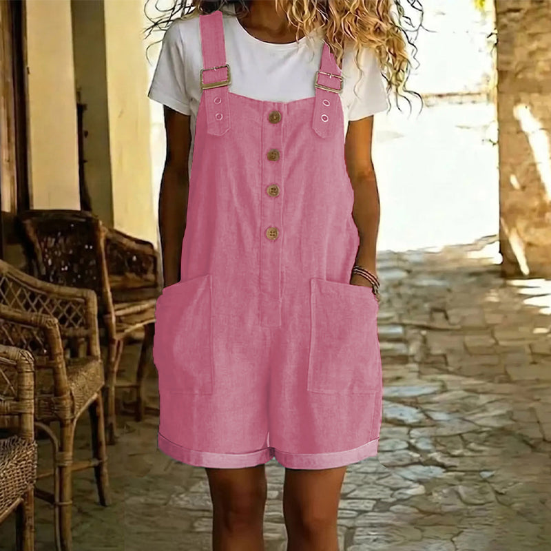 Peto corto de mujer estilo retro, con tirantes ajustables y prácticos bolsillos. Ideal para el verano.
