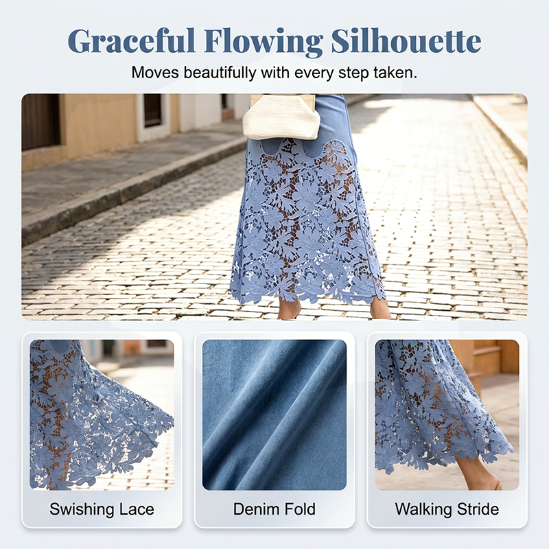 Falda denim para mujer, diseño largo con encaje floral. Perfecta para cualquier ocasión, estilo único.