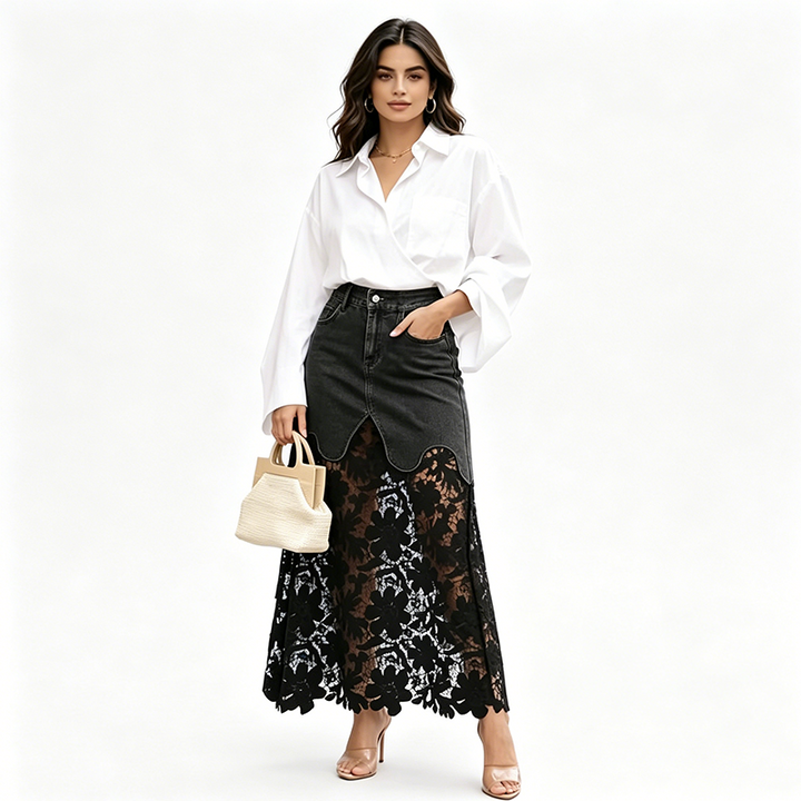 Moderna falda denim larga de cintura alta para mujer, detalles de encaje floral. Estilo versátil y cómodo.