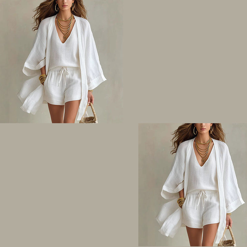 Short de verano cómodo y blusa ligera, elementos clave del conjunto resort femenino.