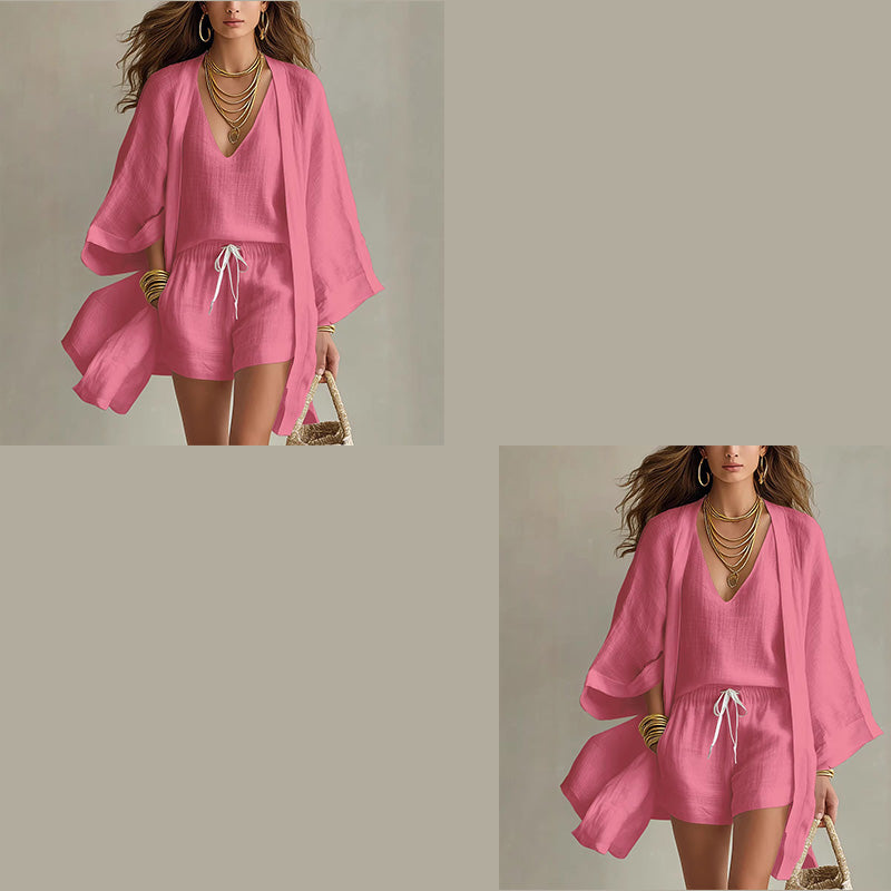 Conjunto de verano para mujer, estilo resort: kimono, top y short casuales y elegantes.