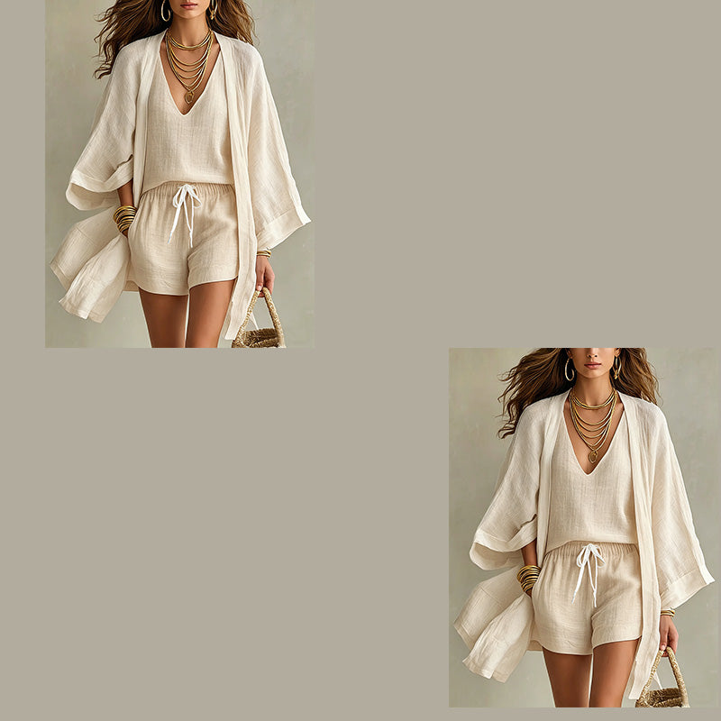Ropa resort para mujer: conjunto de kimono, blusa y short ideal para viajar y descansar.