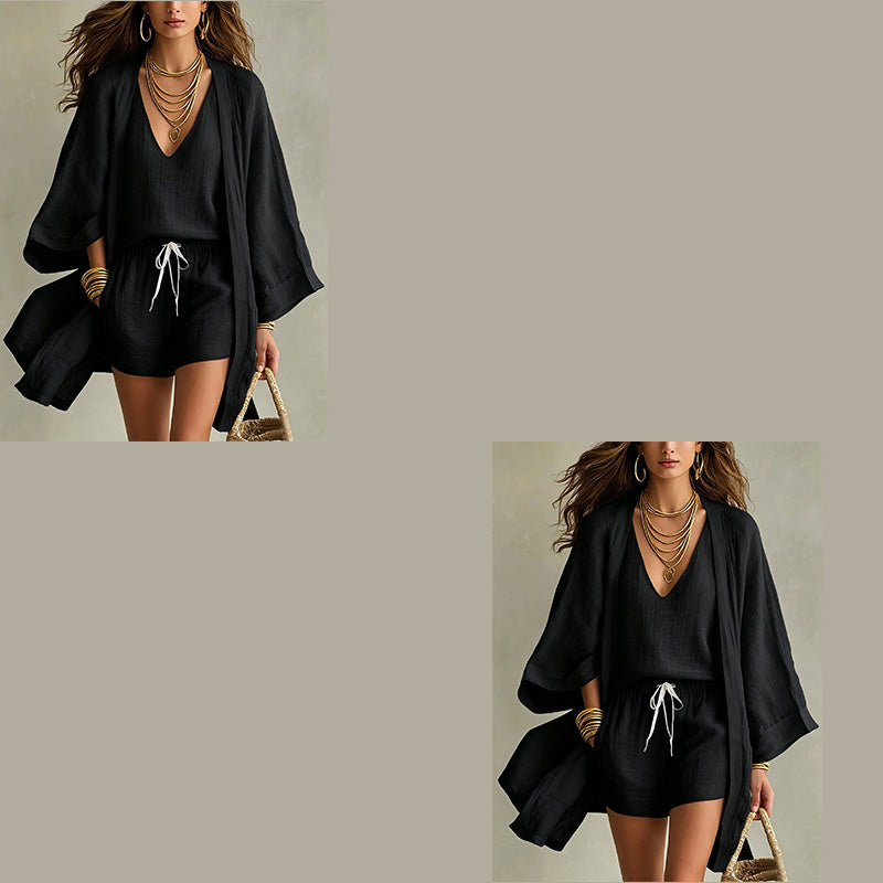 Conjunto resort de tres piezas para mujer, ideal para vacaciones, casual y elegante.