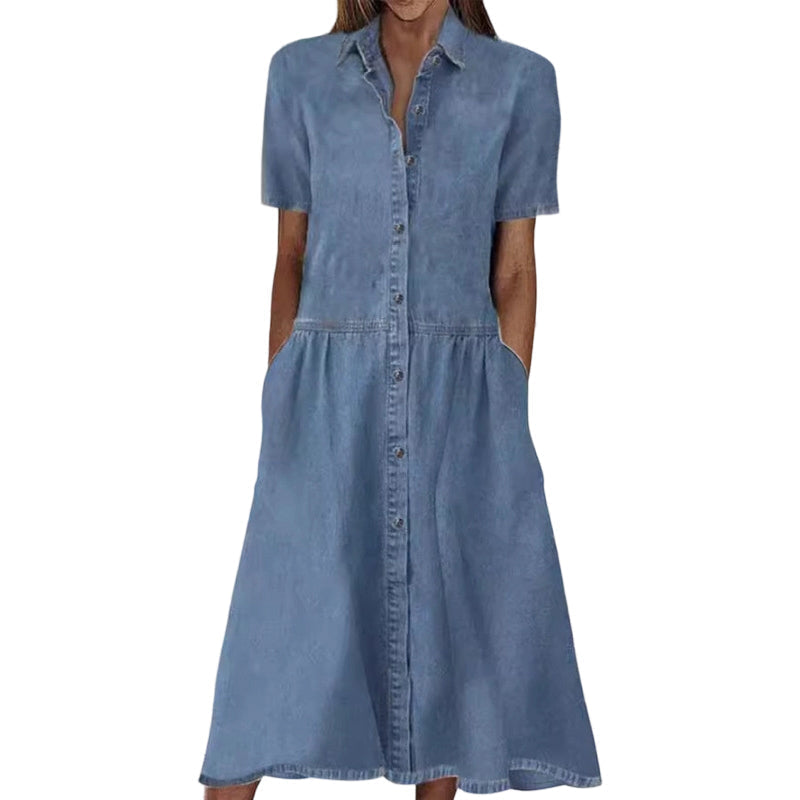 Diseño de vestido camisero midi denim, mezcla de algodón y poliéster, estilo casual diario.