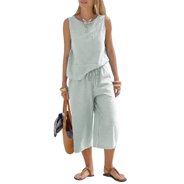 Conjunto capri de algodón con rayas para mujer, estilo casual de verano y versátil.