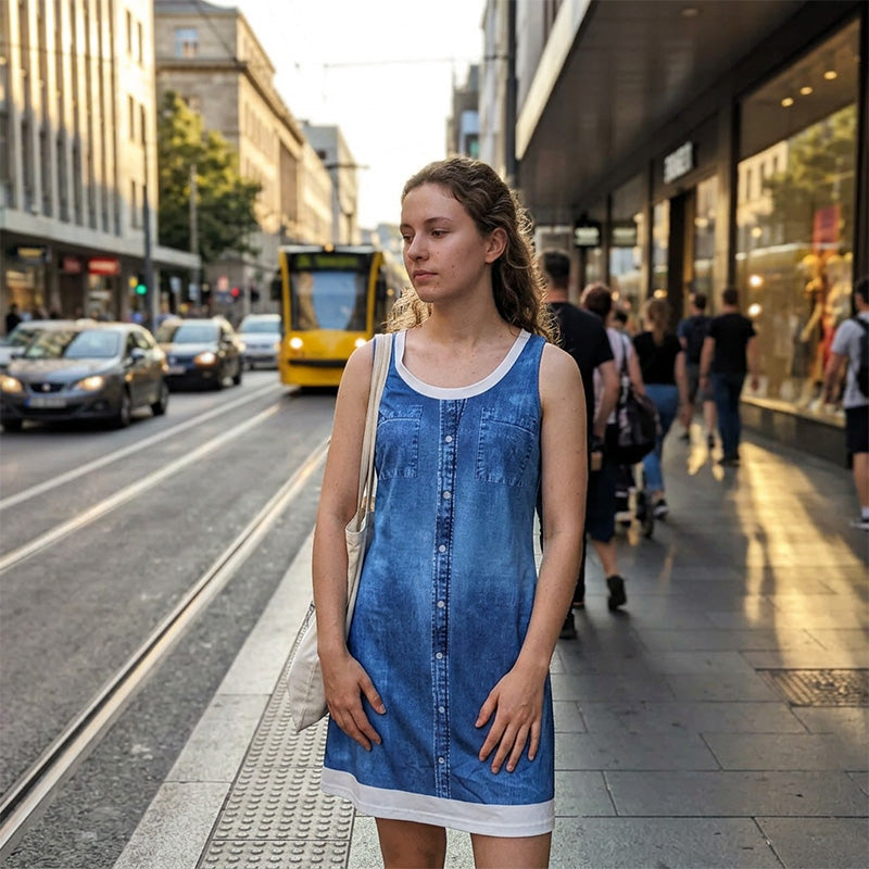 Vestido casual corto para mujer, ligero, con diseño de efecto denim y sin mangas.