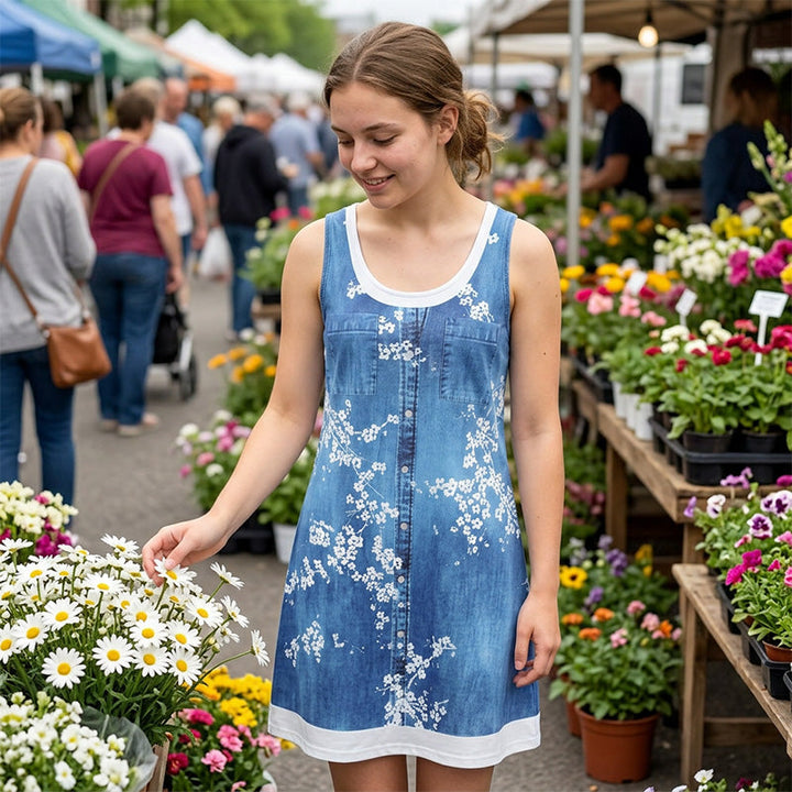 Vestido de verano corto para mujer, sin mangas, con estilo denim y tacto suave.