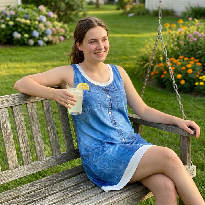 Vestido mujer corto con apariencia denim, sin mangas, muy cómodo y fresco para el verano.