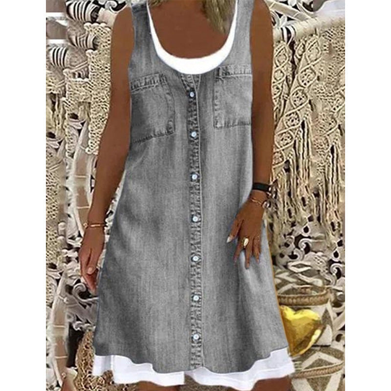 Vestido de verano para mujer, corto, sin mangas, en efecto denim, ideal para un estilo desenfadado.