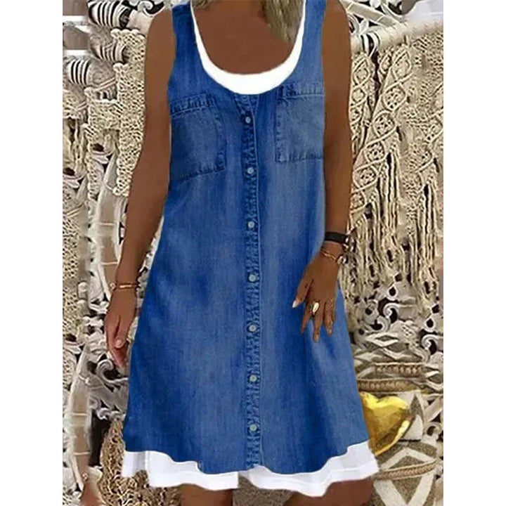 Vestido de mujer sin mangas, corto, con acabado efecto denim, ideal para uso diario casual.