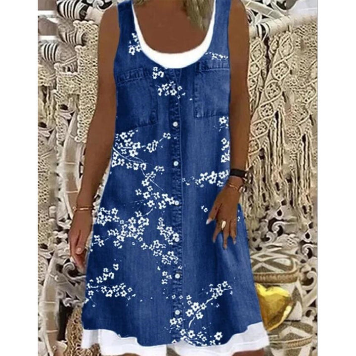 Vestido ligero de mujer, corto, sin mangas, con apariencia de denim, para verano casual.